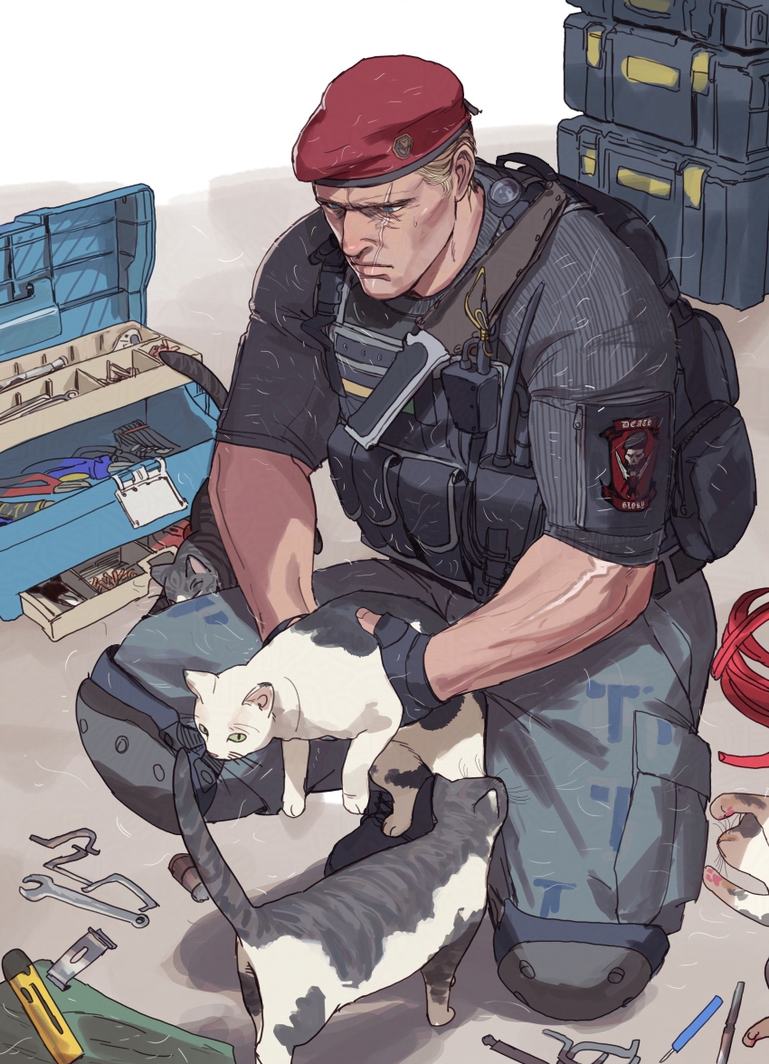 1boy absurdres animal arm_patch backpack bag beret black_shirt blonde_hair blue_eyes boxcutter bulletproof_vest calico_(pattern) cat closed_mouth combat_knife commentary_request hat highres holding holding_animal holding_cat jack_krauser knee_pads kneeling knife korean_commentary male_focus military_uniform multicolored_fur on_(isk1812) pouch red_hat resident_evil resident_evil_4 scar scar_on_face serious shirt short_hair short_sleeves solo toolbox weapon wrench