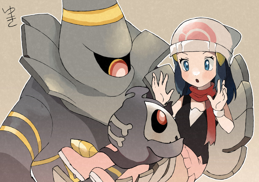 1girl :o blue_eyes blue_hair blush boots bracelet carrying darami_chan dawn_(pokemon) dusknoir duskull gen_3_pokemon gen_4_pokemon ghost hair_ornament hairclip hat highres jewelry nintendo pink_boots pink_eyes poke_ball_print pokemon pokemon_dppt princess_carry red_scarf scarf skirt