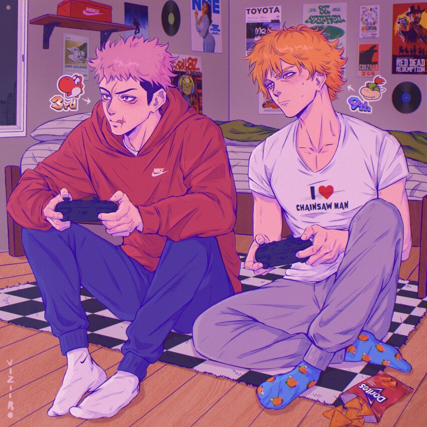 2boys akira_(manga) arrow_(symbol) arthur_morgan artist_name bag_of_chips bed bedroom blanket blue_pants blue_socks bowser_jr. chainsaw_man character_name character_print checkered_floor chips_(food) clothes_writing commentary controller copyright_name crossed_legs crossover denji_(chainsaw_man) doritos english_commentary english_text food game_controller godzilla godzilla_(series) gorillaz grey_pants hands_up hashtag-only_commentary highres holding holding_controller holding_game_controller hood hood_down hoodie i_heart... indoors itadori_yuuji jujutsu_kaisen kaneda_shoutarou&#039;s_bike knee_up long_sleeves looking_ahead male_focus mario_(series) mario_kart marvel miles_morales multicolored_hair multiple_boys narrowed_eyes nike_(company) nintendo no_shoes noodle_(gorillaz) orange_hair pants pillow pink_hair playing_games pochita_(chainsaw_man) poster_(object) print_socks record red_dead_redemption_(series) red_dead_redemption_2 red_hoodie red_yoshi rug scar scar_on_face scar_on_lip shirt short_hair short_sleeves signature sitting socks spider-man:_into_the_spider-verse spider-man_(miles_morales) spider-man_(series) spider-verse sweat sweatdrop sweatpants tongue tongue_out two-tone_hair viziiro white_shirt white_socks yoshi