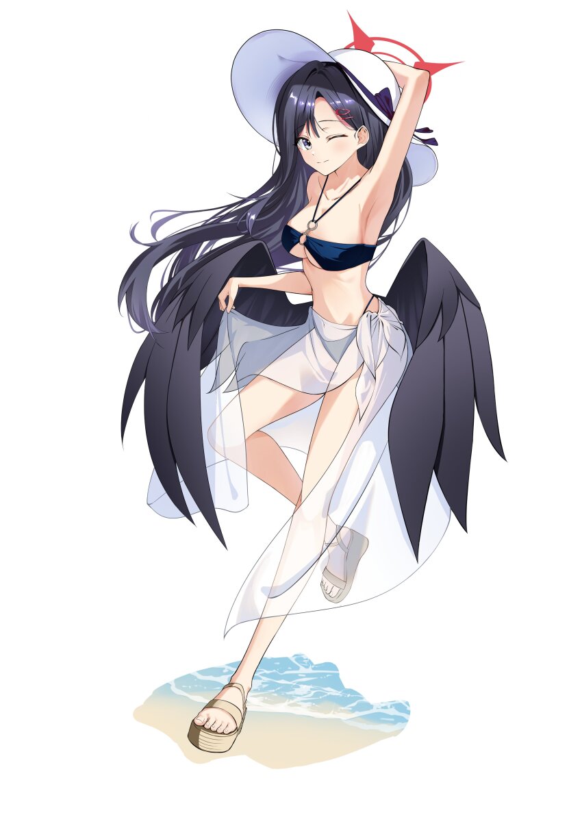 1girl absurdres alternate_costume bikini black_bikini black_wings blue_archive feathered_wings full_body halo highres ichika_(blue_archive) low_wings nia_noki red_halo simple_background solo swimsuit unusually_open_eyes white_background wings
