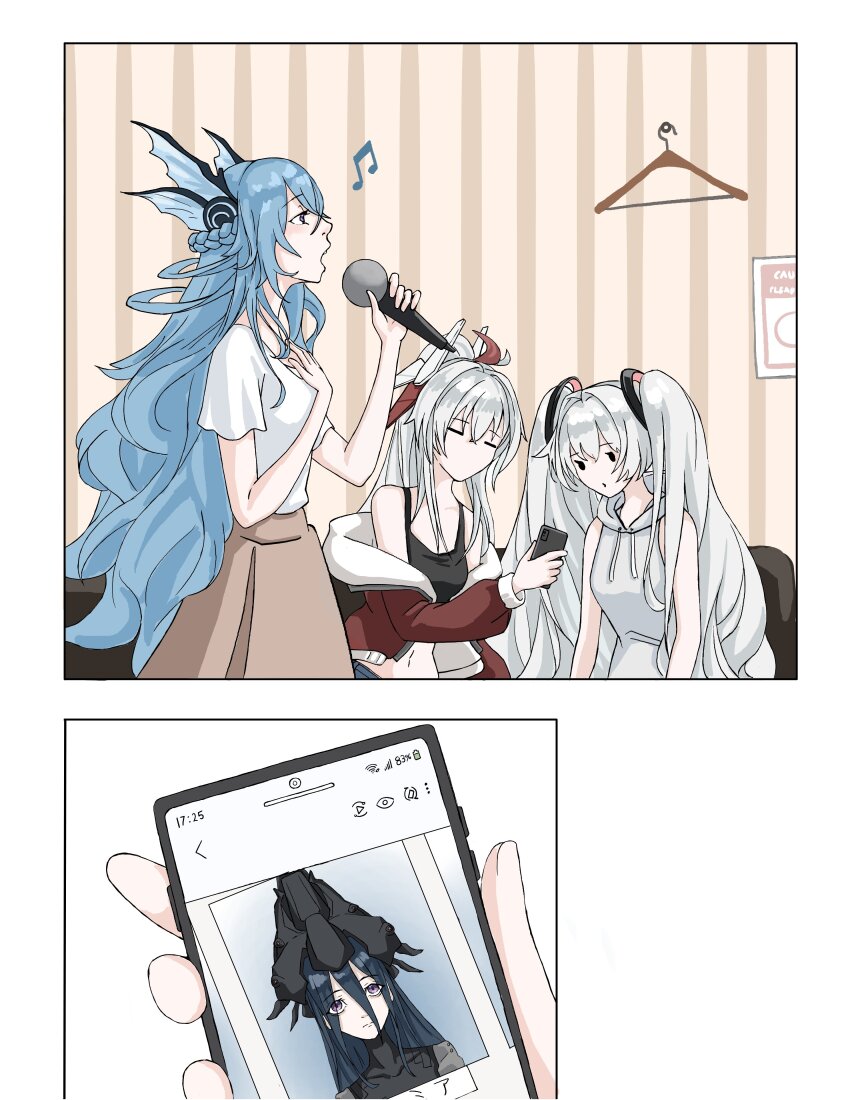 3girls absurdres alpha_(pgr) alternate_costume black_hair black_shirt blue_hair braid brown_skirt commentary_request fins floating_headgear grey_hair grey_hoodie hair_between_eyes head_fins headgear highres holding holding_phone hood hoodie jacket lamia_(npc)_(pgr) lamia_(pgr) long_bangs long_hair looking_at_phone alpha:_crimson_weave_(pgr) luna:_laurel_(pgr) luna_(pgr) multiple_girls music musical_note navel off-shoulder_jacket off_shoulder phone ponytail punishing:_gray_raven purple_eyes red_jacket shell_hair_ornament shirt short_sleeves singing skirt sleeveless sleeveless_hoodie trashpanda_11b twintails two-sided_fabric two-sided_jacket white_jacket white_shirt