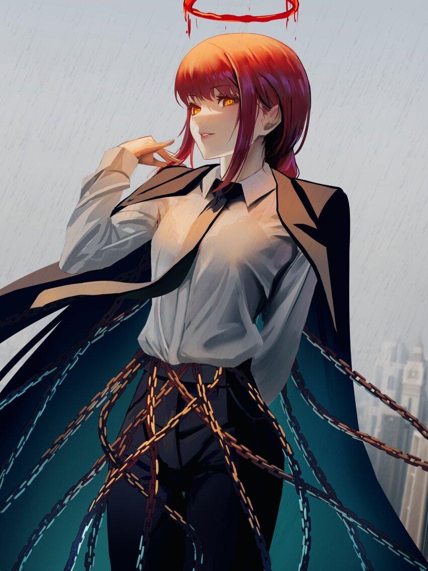1girl arm_behind_back black_bra black_coat black_necktie black_pants blood bra bra_visible_through_clothes chain chained chainsaw_man cityscape coat coat_on_shoulders collared_shirt commentary cowboy_shot english_commentary grey_background grey_sky halo hand_on_own_shoulder highres looking_to_the_side makima_(chainsaw_man) medium_hair necktie orange_pupils outdoors pants parted_lips rain rasipan red_hair red_halo ringed_eyes shirt sidelocks sky smile solo teeth thigh_gap underwear wet wet_clothes wet_shirt white_shirt yellow_eyes