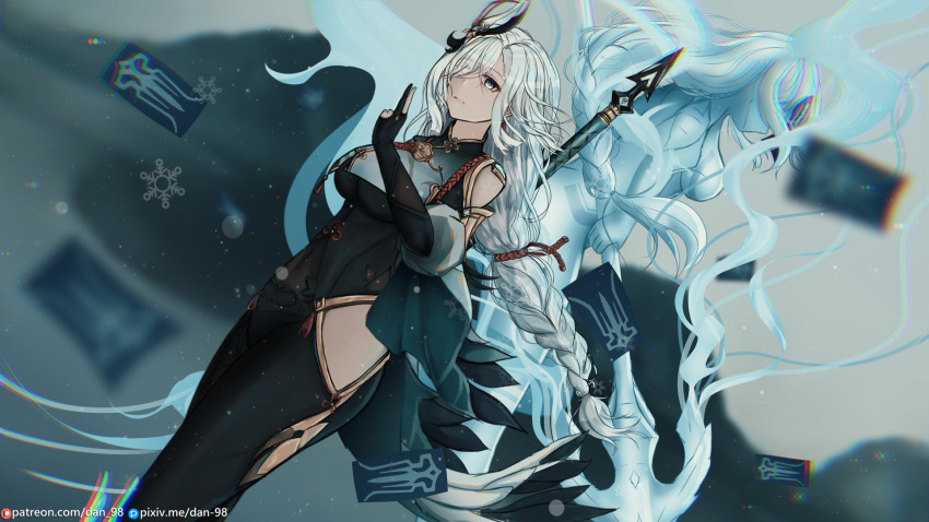 1girl aqua_nails artist_name asymmetrical_bangs black_bodysuit black_gloves bodysuit braid braided_ponytail breast_curtain breasts calamity_queller_(genshin_impact) clenched_hands collared_bodysuit covered_navel dan-98 detached_sleeves earrings expressionless eyelashes female_focus fingernails floating_hair genshin_impact gloves grey_eyes groin hair_ornament hair_over_one_eye hand_up highres hip_vent holding holding_behind_back holding_polearm holding_polearm_behind_back holding_weapon holding_weapon_behind_back jewelry large_breasts legs_together long_hair looking_afar mihoyo nail_polish neck no_panties ofuda parted_bangs partially_fingerless_gloves polearm puffy_sleeves revealing_clothes shenhe_(genshin_impact) sidelocks single_earring skin_tight standing swept_bangs tassel tassel_earrings very_long_hair vision_(genshin_impact) weapon white_hair