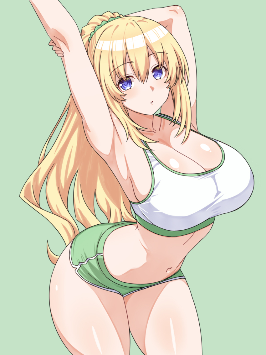 1girl armpits arms_up blonde_hair blush breasts choujigen_game_neptune cleavage commentary english_commentary green_background green_shorts hair_ornament hair_scrunchie highres large_breasts looking_at_viewer navel neptune_(series) paid_reward_available ponytail purple_eyes scrunchie short_shorts shorts simple_background solo sports_bra vert_(neptunia) zatsu