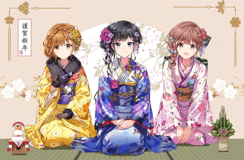 adagaki_aki blunt_bangs braid fujinomiya_neko hair_between_eyes highres koiwai_yoshino masamune-kun_no_revenge mole mole_under_eye new_year sitting tagme tiv