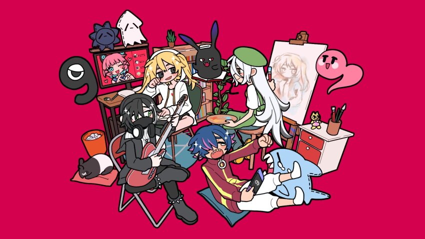 akutagawa_yomuko alien animal_ear_headphones animal_ears ankle_boots apron aqua_eyes aqua_hair artist_request baku_(gogh) beret black_fur black_hair black_leggings black_mask blonde_hair blouse blue_hair blue_pants blue_sailor_collar blunt_bangs blush_stickers book bookshelf boots cabinet canvas_(object) capri_pants cat_ear_headphones chair closed_mouth coat colored_eyelashes colored_inner_hair commentary_request computer contrast_collar creature crying cup cyclops double-parted_bangs dress easel eraser eyes_over_blush fake_animal_ears fangs flat_color floral_print floral_print_dress folding_chair g-kun gogh:_focus_with_your_avatar green_apron green_eyes green_hat grey_boots grey_coat grey_eyes grey_hat grey_shorts grey_sleeves guitar hair_over_one_eye handheld_game_console hat head_tilt headphones headphones_around_neck heart heart-san heart_hands heart_print highres holding holding_guitar holding_handheld_game_console holding_instrument holding_paint_palette holding_paintbrush hood hood_down hood_up hooded_coat ika_(gogh) instrument jacket jewelry kuroda_42 leggings long_hair long_sleeves looking_at_another lowered_eyelids mask monitor mouth_mask multicolored_hair necklace nintendo_switch official_art on_chair on_stool one-eyed one_eye_closed one_eye_covered open_book open_clothes open_coat open_jacket open_mouth paint paint_palette paintbrush painting_(object) pants pencil peter_pan_collar pillow pink_dress pink_hair plant portrait_(object) potted_plant print_dress profile raised_inner_eyebrows red_background red_eyes red_jacket red_sleeves ribbed_sweater sailor_collar same_(gogh) second-party_source shark sharp_teeth shirt short_hair short_sleeves shorts sideways_mouth simple_background sitting_on_pillow sleeping sleeveless sleeveless_dress sleeveless_shirt slippers socks sofubi-chan solid_oval_eyes sparkle spiked_boots streaked_hair streaming_tears stuffed_toy sweater table talking tapir tears teeth thick_lineart toy trash trash_can turtleneck turtleneck_jacket turtleneck_sweater twintails two-tone_fur two-tone_hair uni_(gogh) unzipped very_long_hair white_fur white_hair white_hood white_jacket white_pants white_shirt white_sleeve_cuffs white_sleeves white_socks white_sweater yellow_eyes yellow_slippers zipper_pull_tab
