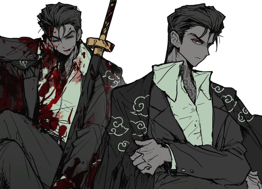 1boy anzekeye black_jacket black_pants blood blood_on_clothes blood_on_face closed_eyes closed_mouth collared_shirt colored_skin crossed_arms crossed_legs grey_skin highres holding holding_sword holding_weapon jacket jacket_on_shoulders jun_(project_moon) katana limbus_company long_sleeves looking_at_viewer male_focus open_mouth pants project_moon red_eyes shirt simple_background sitting smile sword weapon white_background white_shirt