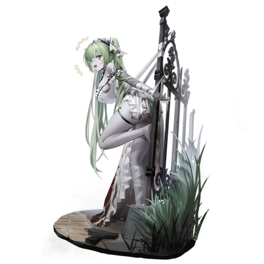 1girl ^^^ ass_peek bandaged_arm bandaged_head bandaged_leg bandages bandages_caught_on_object bare_shoulders barefoot blood blood_on_clothes bloody_clothes bloody_dress breasts brick_floor burnt_clothes colored_skin dress feet fence foliage from_side full_body girls&#039;_frontline grass green_hair grey_skin gun halloween halloween_costume highres iron_fence large_breasts long_hair looking_at_viewer looking_to_the_side micro_uzi micro_uzi_(girls&#039;_frontline) micro_uzi_(when_the_ravens_cry)_(girls&#039;_frontline) multicolored_skin official_alternate_costume official_art open_mouth pale_skin patchwork_skin simple_background sky-freedom solo standing standing_on_one_leg stitches submachine_gun thigh_strap third-party_source transparent_background twintails very_long_hair weapon weapon_on_floor white_dress white_headdress white_skin yellow_eyes