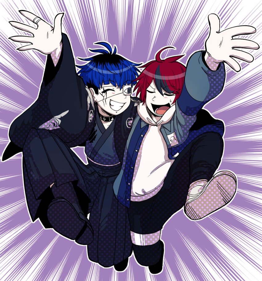 2boys ahoge black_hair black_pants black_shoes blue_hair bridge_piercing closed_mouth collar eyepatch face_piercing full_body grin hair_between_eyes highres hood hoodie japanese_clothes lip_piercing male_focus messy_hair multicolored_hair multiple_boys omokage_yugamu one_eye_covered open_mouth pants piercing purple_background red_hair shoes simple_background smile sumino_takumi teeth the_hundred_line_-last_defense_academy- tongue white_background white_hoodie white_shoes