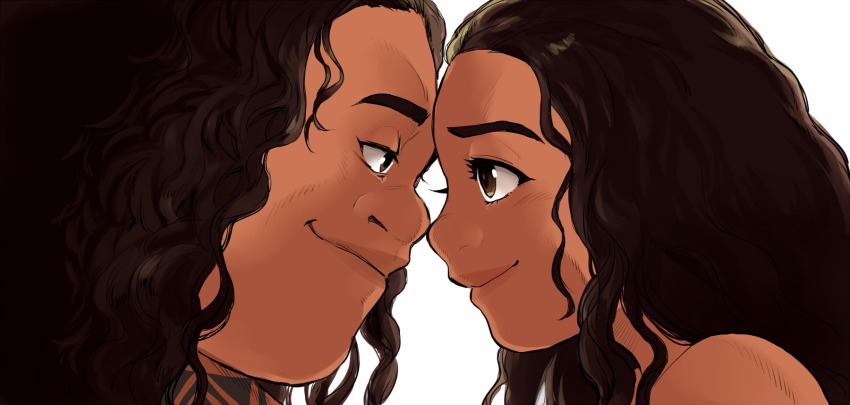 1boy 1girl brown_hair dark-skinned_female dark-skinned_male dark_skin eye_contact forehead-to-forehead from_side heads_together hetero highres lips long_hair looking_at_another maui_(moana) moana_(movie) moana_waialiki neck_tattoo noses_touching pano_(mohayayamai) smile tattoo thick_eyebrows tribal_tattoo wavy_hair white_background