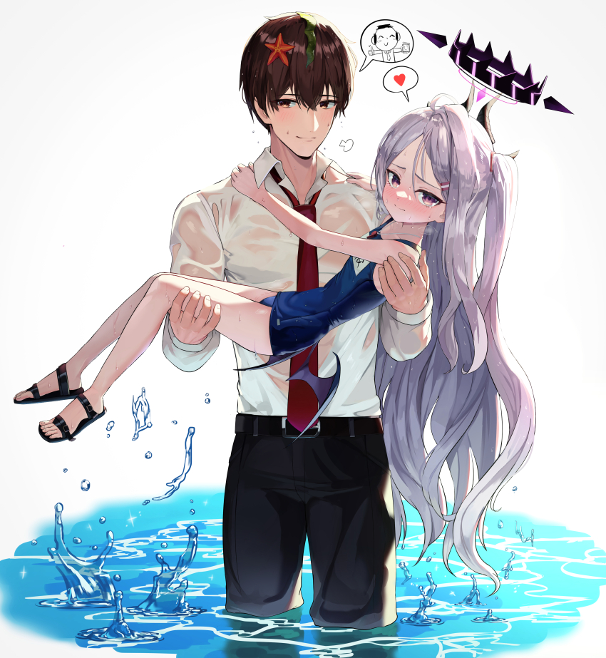1boy 1girl absurdly_long_hair absurdres doodle_sensei_(blue_archive) bare_arms bare_legs belt black_pants blue_archive blush carrying carrying_person closed_mouth collared_shirt commentary_request embarrassed forehead gro_(lee145879) halo heart highres hina_(blue_archive) horns in_water kelp light_purple_hair long_hair necktie pants parted_bangs princess_carry purple_eyes red_necktie sandals school_swimsuit see-through_clothes see-through_shirt sensei_(blue_archive) shirt sleeves_rolled_up speech_bubble spoken_heart standing starfish swimsuit toes very_long_hair wet wet_clothes wet_shirt white_shirt