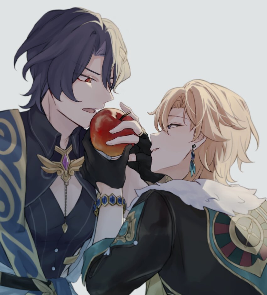 2boys absurdres apple aventurine_(honkai:_star_rail) black_gloves blonde_hair blue_hair bracelet cleavage_cutout clothing_cutout collared_shirt dr._ratio_(honkai:_star_rail) earrings food fruit fur_scarf gloves highres holding holding_food holding_fruit honkai:_star_rail honkai_(series) hsr_mashen imminent_eating jewelry male_focus multiple_boys open_mouth red_eyes shirt simple_background smile upper_body white_background yaoi