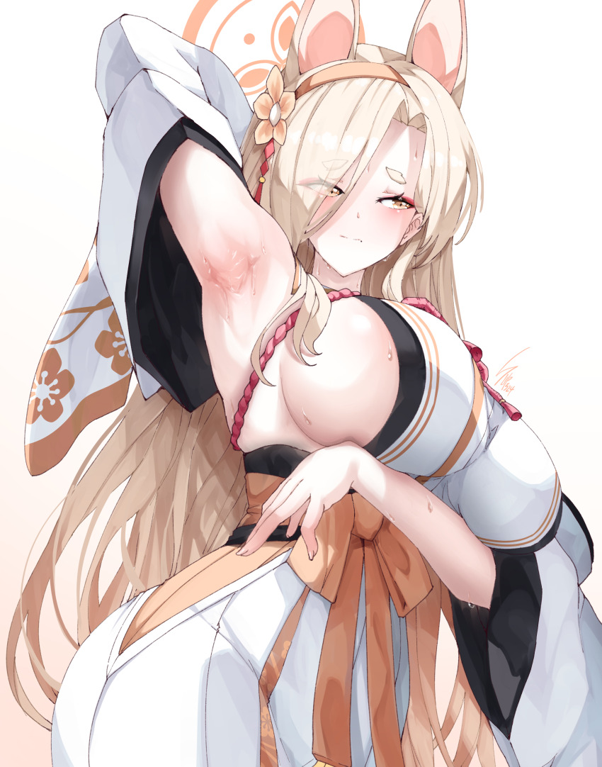1girl absurdres animal_ears arm_up armpits blonde_hair blue_archive breasts fox_ears halo highres japanese_clothes kaho_(blue_archive) kimono large_breasts long_hair looking_to_the_side presenting_armpit simple_background solo sunnysideup sweat white_background yellow_eyes yellow_halo