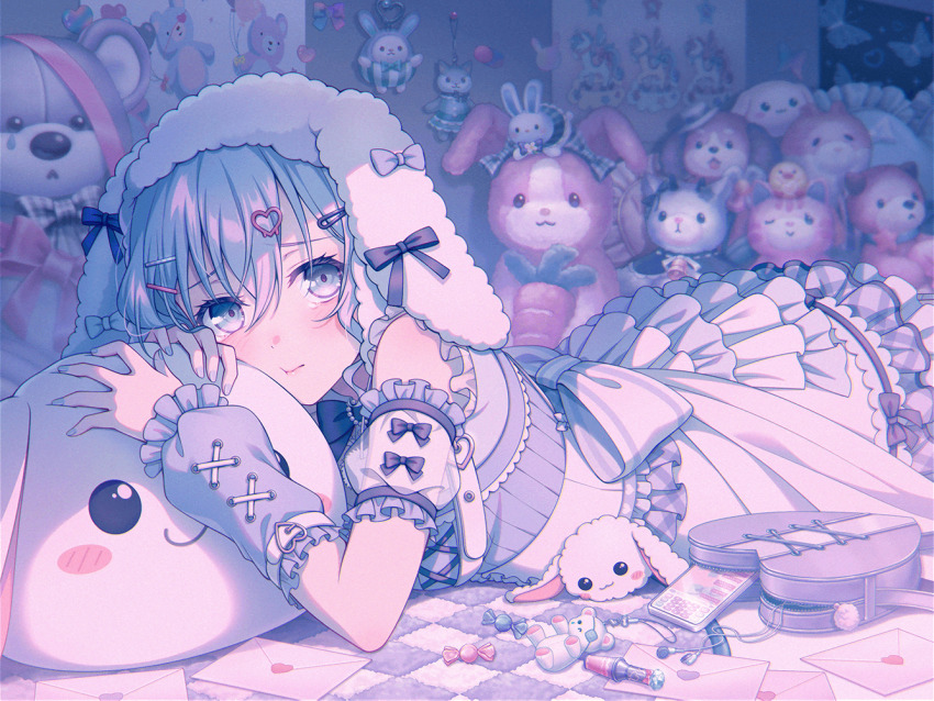 1girl absurdly_detailed_composition animal_charm animal_ear_headwear animal_ears arm_warmers back_bow bag bang_dream! bow candy cellphone charm_(object) detached_sleeves dress earphones fake_animal_ears food frills hair_ornament hairclip handbag heart heart_hair_ornament indoors kurata_mashiro loaded_interior looking_at_viewer lying nail_polish official_art on_stomach phone poster_(object) pout ribbon see-through_clothes see-through_sleeves smartphone stuffed_animal stuffed_cat stuffed_dog stuffed_hamster stuffed_rabbit stuffed_toy tearing_up teddy_bear third-party_source
