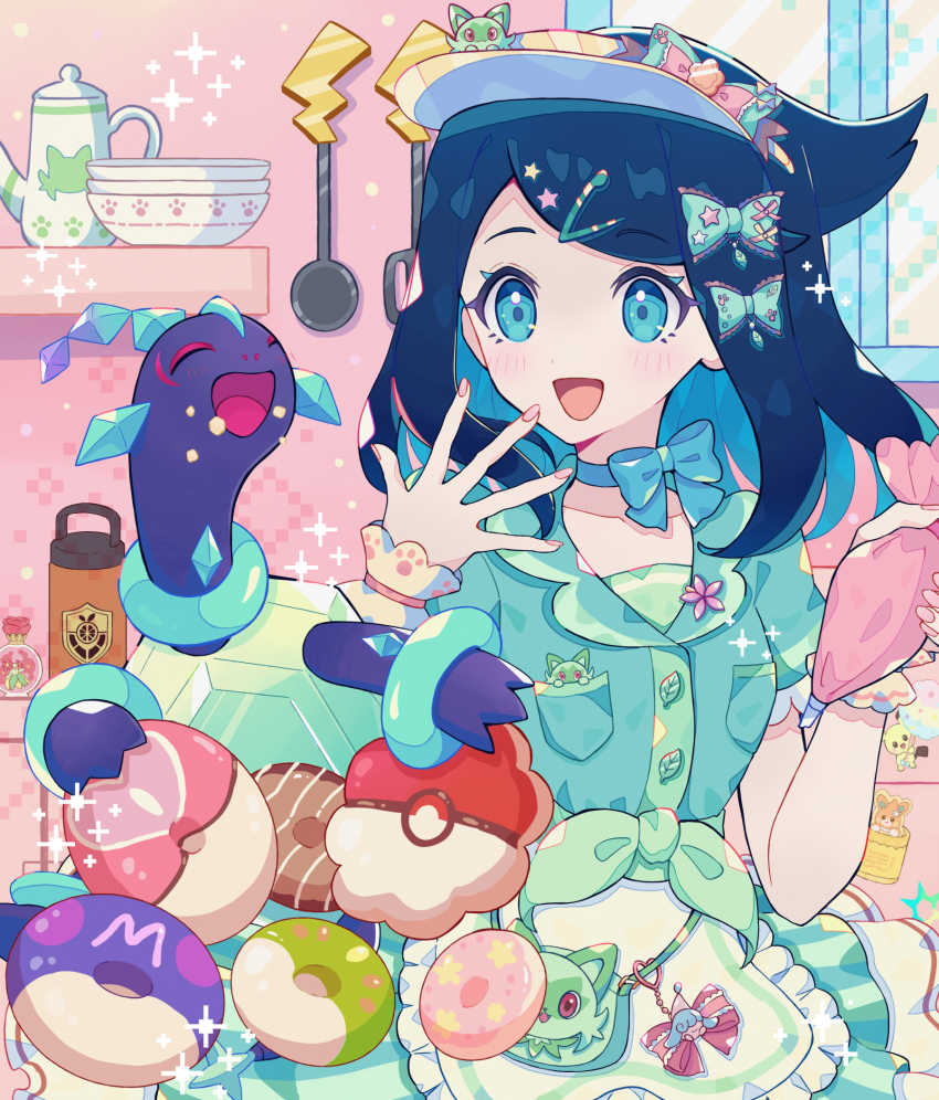 1girl apron bellossom black_hair candy closed_eyes food frills gen_2_pokemon gen_8_pokemon hair_ornament hair_ribbon hairclip haru_(haruxxe) hatenna highres liko_(pokemon) nintendo open_mouth pawmo pichu pokemon pokemon_(anime) pokemon_horizons ribbon shirt smile sprigatito terapagos terapagos_(normal) wrist_cuffs