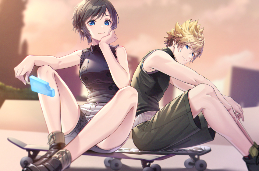 1boy 1girl black_hair blonde_hair blue_eyes blurry blurry_background food gogo_(detteiu_de) hand_on_own_face highres kingdom_hearts kingdom_hearts_358/2_days knees_apart_feet_together looking_at_viewer popsicle roxas short_hair short_shorts shorts sitting skateboard sleeveless smile tank_top xion_(kingdom_hearts)