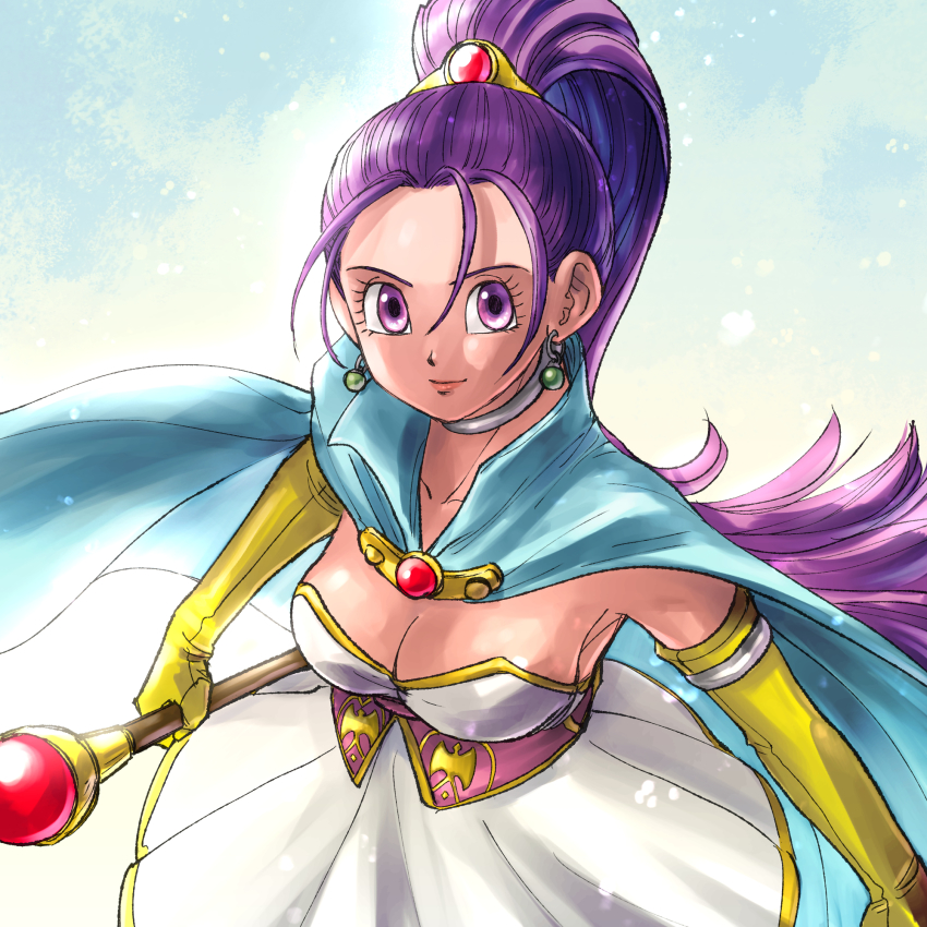 1girl blue_background blue_cape breasts cape choker cleavage collarbone commentary_request dragon_quest dragon_quest_xi dress earrings elbow_gloves gloves hair_between_eyes hair_ornament highres holding holding_staff jewelry large_breasts long_hair looking_at_viewer pekuchin_(pekuchin_3) ponytail purple_eyes purple_hair senica_(dq11) short_dress solo staff very_long_hair white_dress yellow_gloves