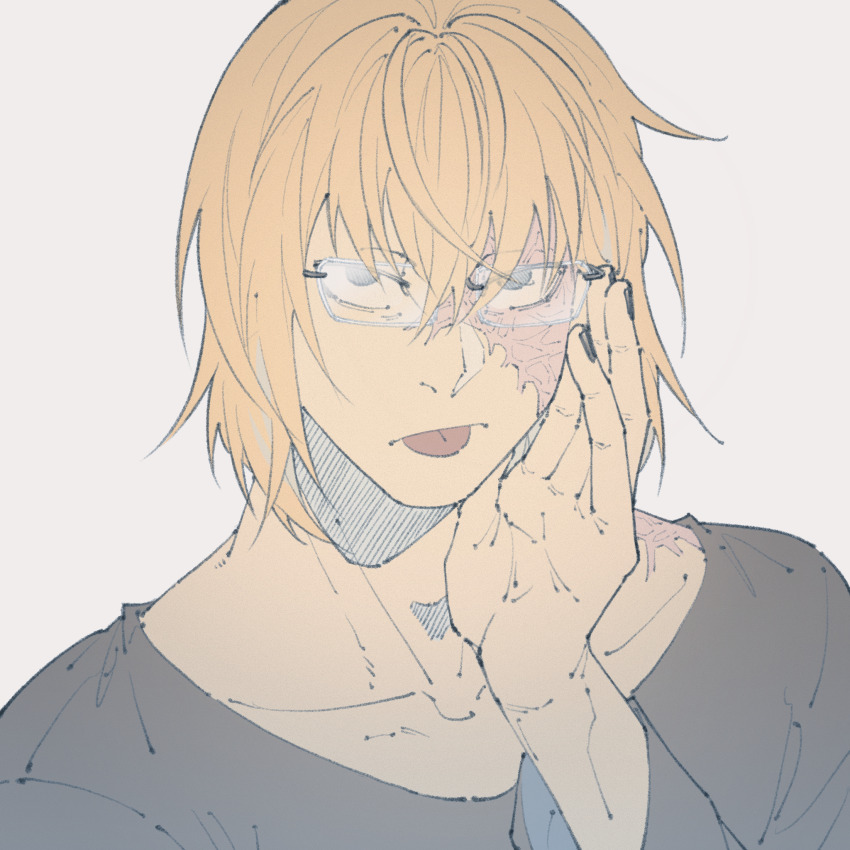 1boy bespectacled black_shirt blonde_hair burn_scar chinese_commentary collarbone commentary_request crew_neck death_note glasses grey_background hair_between_eyes highres long_sleeves male_focus mello_(death_note) randyng rimless_eyewear scar scar_on_face shirt solo tongue tongue_out upper_body