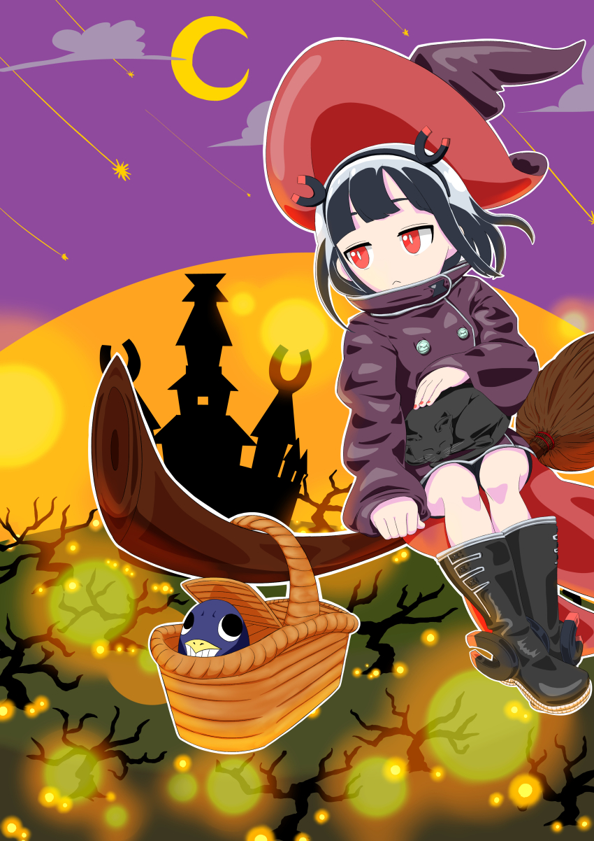 1girl :&lt; absurdres alternate_costume animal animal_on_lap bare_tree basket black_boots black_hair boots broom broom_riding buttons cape castle cat coat commentary_request crescent_moon glowing gyari_(bird) halloween hat high_collar highres jitome jitomi_monoe long_sleeves magnet matsuta6 moon night on_lap petting purple_coat purple_sky red_eyes red_nails shooting_star sky sleeves_past_wrists solo tree virtual_youtuber voms witch_hat