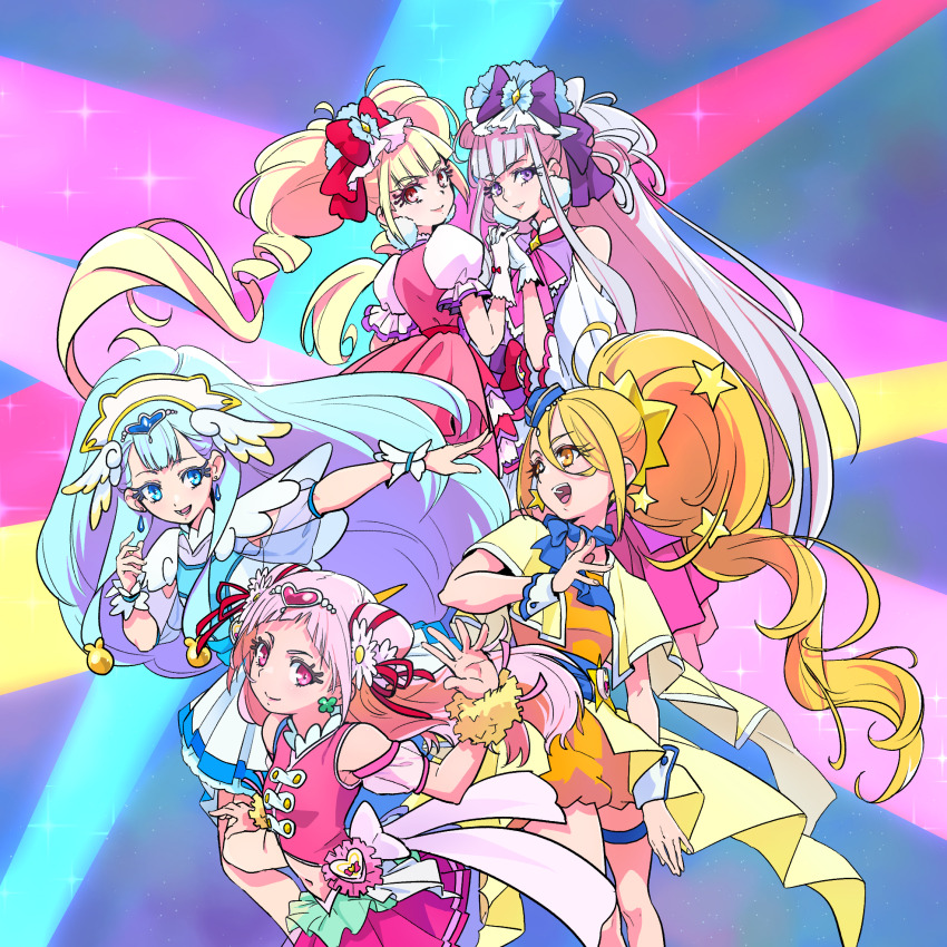 5girls ascot back_bow blonde_hair blue_eyes blue_footwear blue_hair blue_headwear blue_scarf blunt_bangs boots bow capelet choker closed_mouth clover_earrings cone_hair_bun cure_amour cure_ange cure_etoile cure_macherie cure_yell double_bun dress drill_hair earrings flower four-leaf_clover_earrings frilled_boots frills garrison_cap gloves grey_hair hair_bow hair_bun hair_flower hair_ornament hair_ribbon hat head_wings heart heart_hair_ornament heart_pouch highres hugtto!_precure jewelry layered_dress layered_skirt long_hair looking_at_viewer magical_girl makeup mini_hat multicolored_background multiple_girls navel nukosann open_mouth orange_dress orange_eyes pink_ascot pink_dress pink_eyes pink_hair pink_shirt pink_skirt pom_pom_(cheerleading) pom_pom_(clothes) pom_pom_earrings ponytail precure puffy_short_sleeves puffy_sleeves purple_ascot purple_bow purple_dress purple_eyes purple_footwear purple_hair red_bow red_eyes ribbon scarf see-through_clothes see-through_sleeves shirt short_bangs short_sleeves skirt smile star_(symbol) star_earrings star_hair_ornament thick_eyelashes toei_animation twintails very_long_hair waist_brooch white_gloves wings wrist_cuffs yellow_capelet yellow_eyes