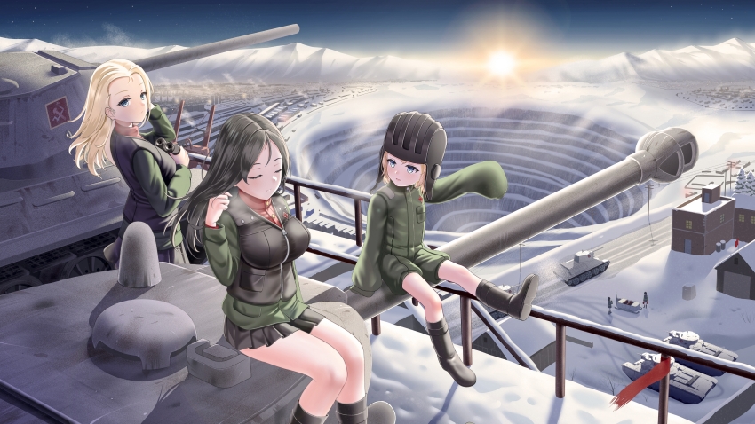 5girls absurdres aerosani binoculars black_footwear black_hair black_helmet black_skirt black_vest blonde_hair blue_eyes blue_sky boots building chinese_commentary clara_(girls_und_panzer) closed_eyes closed_mouth commentary_request day emblem girls_und_panzer green_jacket green_jumpsuit hand_in_own_hair helmet highres holding holding_binoculars jacket jumpsuit katyusha_(girls_und_panzer) long_hair long_sleeves looking_at_another looking_at_viewer looking_back military_uniform military_vehicle miniskirt motor_vehicle mountainous_horizon multiple_girls nonna_(girls_und_panzer) on_vehicle outdoors pleated_skirt pointing pravda_(emblem) pravda_military_uniform qs13280809727 red_shirt shirt short_hair short_jumpsuit sitting skirt sky sleeves_past_fingers sleeves_past_wrists smile snow standing sunrise swept_bangs t-34 tank tank_helmet turtleneck vehicle_request vest winter