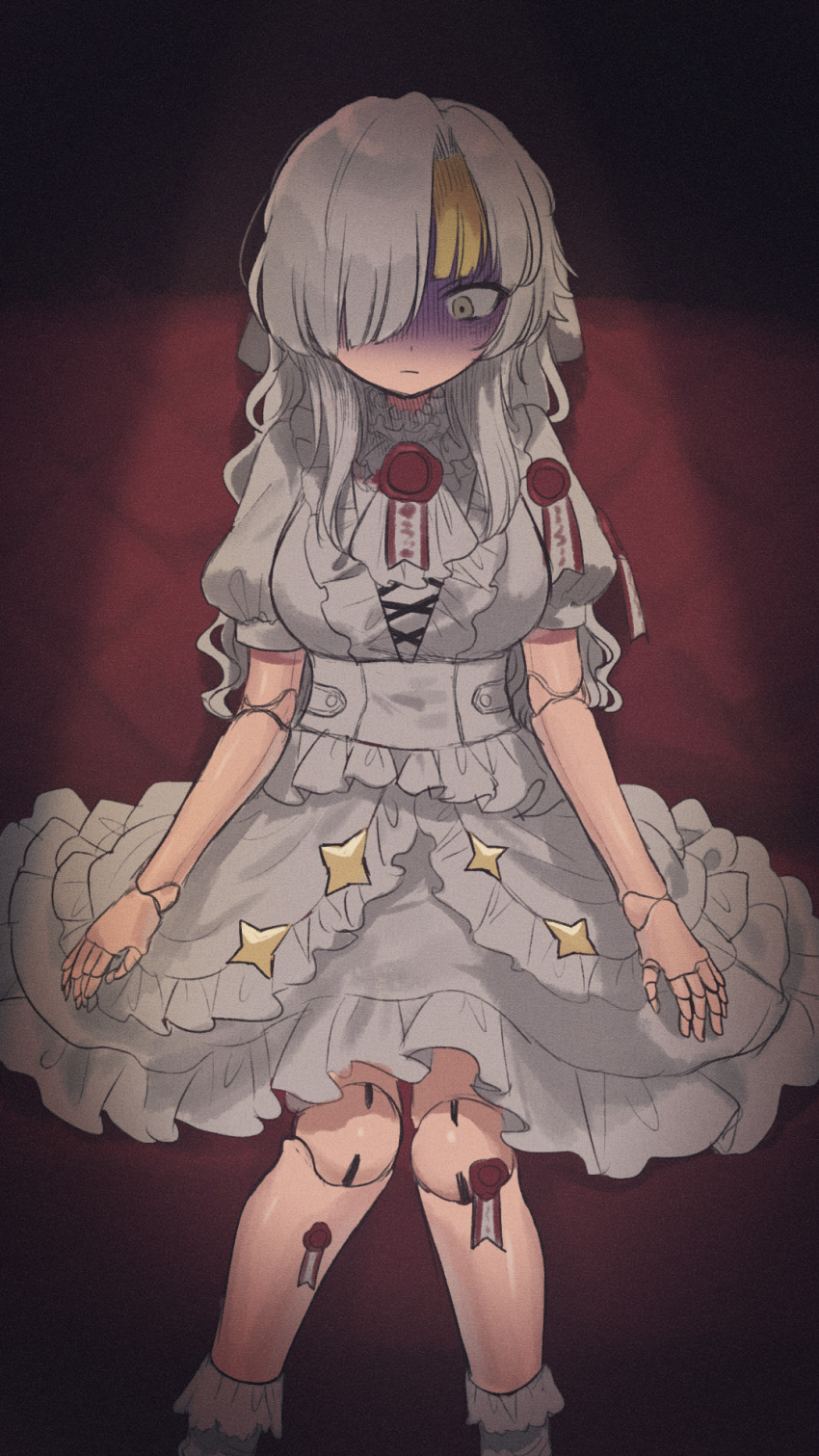 1girl ascot brooch commentary couch doll_joints dress frilled_dress frilled_socks frills highres horrified jewelry joints kromer_(project_moon) limbus_company long_hair project_moon prosthesis prosthetic_arm prosthetic_leg puffy_short_sleeves puffy_sleeves ryonakocoa short_sleeves sidelocks sitting socks solo spotlight talisman wax_seal white_ascot white_dress white_eyes white_hair white_socks wide-eyed
