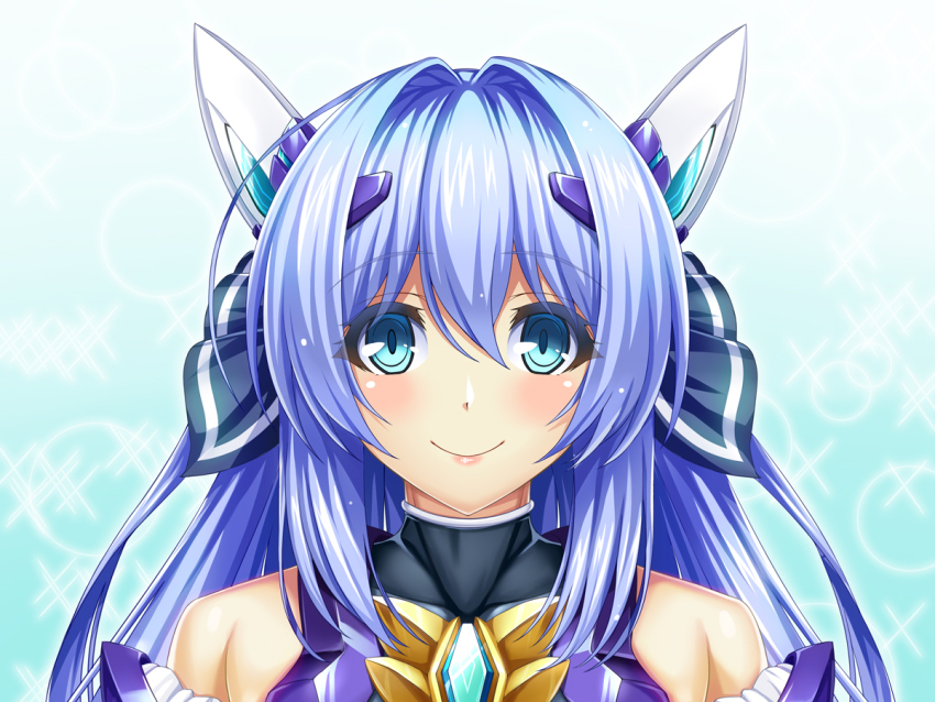 1girl bare_shoulders blue_background blue_eyes blue_hair blush closed_mouth covered_collarbone exs-tia exs-tia_(kouyoku_senki_exs-tia_3) gradient_background hair_between_eyes hair_intakes hair_ornament headgear katsuragi_marina kouyoku_senki_exs-tia kozu_rokuta long_hair looking_at_viewer portrait smile solo sparkle sparkle_background turtleneck upper_body