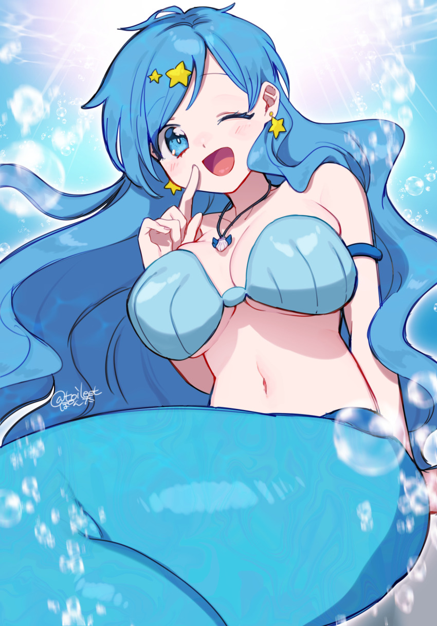 1girl alternate_breast_size bare_shoulders blue_eyes blush breasts bubble cleavage collarbone earrings finger_to_cheek hair_ornament highres houshou_hanon jewelry large_breasts long_hair looking_at_viewer mermaid mermaid_melody_pichi_pichi_pitch monster_girl navel necklace open_mouth pondai_(toileet) shell shell_necklace smile solo star_(symbol) star_earrings star_hair_ornament stomach underwater