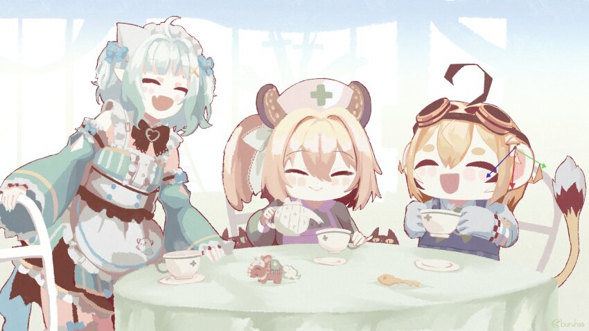 3girls ^_^ absurdres ahoge animal_ears apron blonde_hair blue_overalls brown_hair buruhas closed_eyes cup detached_sleeves dooby_(vtuber) dress fang ghost_girl gloves goggles goggles_on_head green_dress green_hair green_sleeves hat highres holding holding_cup holding_teapot indie_virtual_youtuber jerboa_tail large_ears maid_headdress mint_fantome mint_fantome_(minto_2.0) multicolored_hair multiple_girls nimi_nightmare nimi_nightmare_(tapir) nurse_cap one_side_up open_mouth overalls rounded_collar short_eyebrows short_hair sitting skin_fang sleeves_past_wrists smile tail tapir_ears tapir_girl teacup teapot triangular_headpiece two_side_up virtual_youtuber white_apron white_gloves white_hair