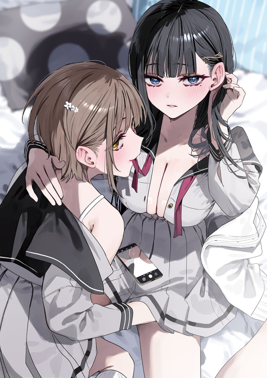 2girls black_hair blush bra_strap breasts brown_hair cellphone chigusa_minori cleaned cleavage cover cover_page ear_blush flower from_above fukami_yuu hair_flower hair_ornament hairclip hand_on_another&#039;s_back hand_on_another&#039;s_thigh highres large_breasts long_hair mole mole_under_eye mouth_hold multiple_girls no_bra novel_cover oboreru_bed_de_tenshi_no_negao_o_mitaidake. off_shoulder official_art on_bed parted_lips phone pillow pleated_skirt purple_eyes ribbon ribbon_in_mouth sailor_collar sailor_shirt school_uniform shirt short_hair sideways_glance sitting skirt smartphone third-party_edit third-party_source tucking_hair unbuttoned unbuttoned_shirt wariza yellow_eyes yukihara_ayana yuri