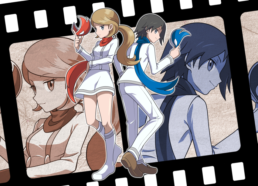 1boy 1girl asatsuki_(fgfff) black_hair blonde_hair boots breasts calem_(pokemon) cosplay eyelashes grey_eyes highres holding holding_mask long_hair mask nintendo pants pokemon pokemon_xy scarf serena_(pokemon) shirt shoes short_hair skirt smile