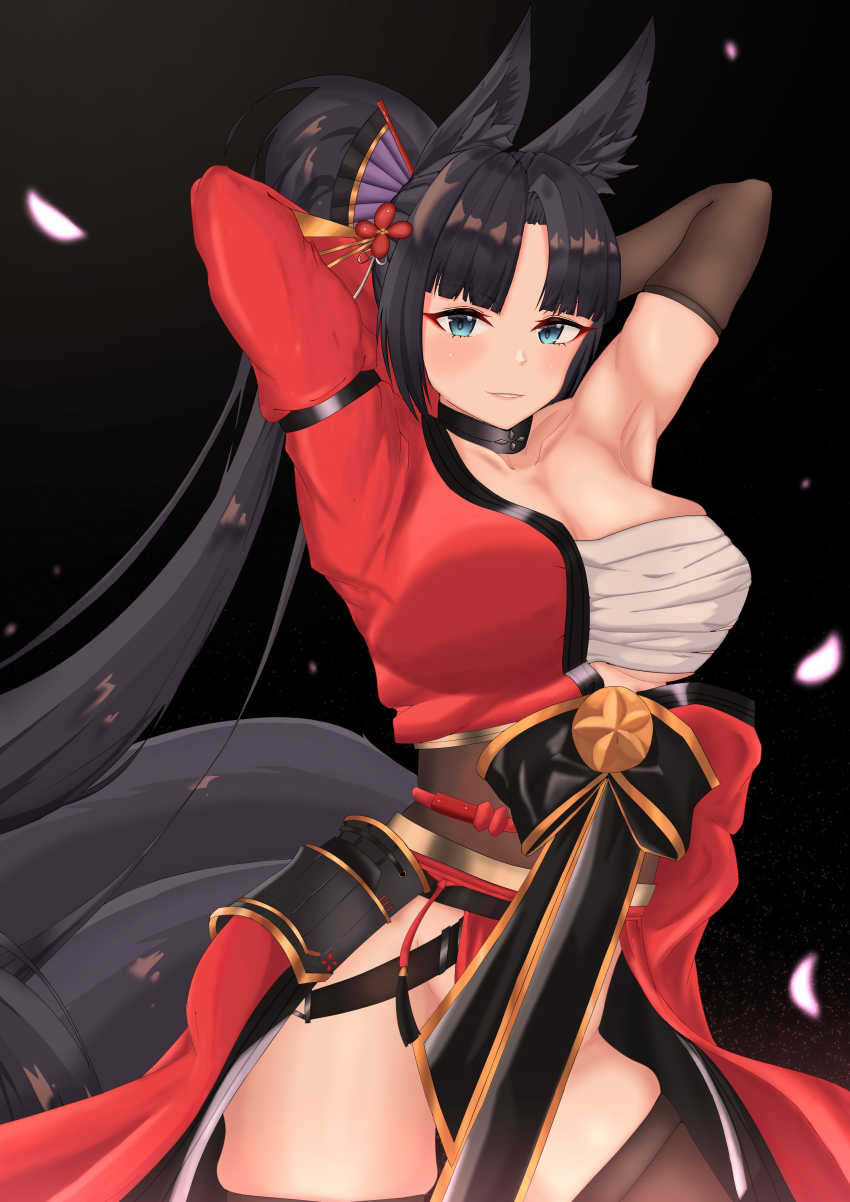 1girl absurdres animal_ear_fluff animal_ears arms_behind_head asymmetrical_clothes azur_lane black_background black_choker black_hair black_ribbon black_tail blue_eyes breasts brown_gloves brown_thighhighs choker cleavage elbow_gloves gloves highres kii_(azur_lane) kitsune large_breasts long_hair looking_at_viewer multiple_tails nagatokks petals ponytail ribbon sarashi simple_background solo standing tail thighhighs very_long_hair
