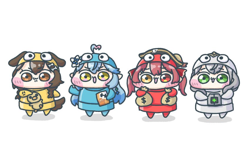 4girls :3 absurdres ahoge artist_request blush_stickers chibi deformed full_body hair_ornament health_pack highres hololive houshou_marine inugami_korone money_bag multiple_girls r.e.p.o. shadow shirogane_noel simple_background white_background yukihana_lamy