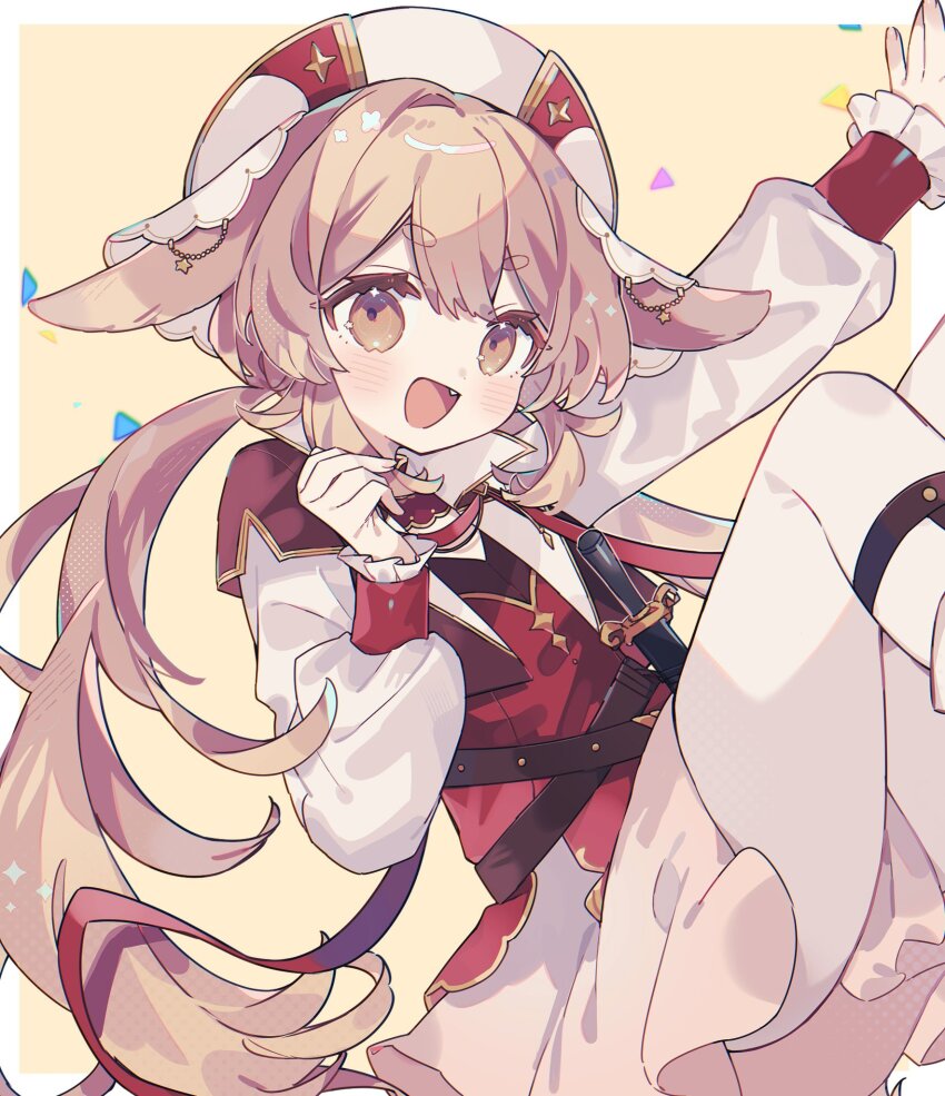 1girl animal_ears arm_up blonde_hair boots brown_eyes commission crossed_belts double-parted_bangs fang fox_ears fox_girl gold_trim hat highres hisuiyasai knees_up knife knife_sheath liavel_(yorinana_tw) light_blush long_sleeves looking_at_viewer low_twintails original pantyhose puffy_long_sleeves puffy_sleeves red_hat red_shirt red_sleeve_cuffs sheath sheathed shirt sidelocks simple_background skeb_commission skirt thick_eyebrows twintails white_pantyhose white_skirt white_sleeves