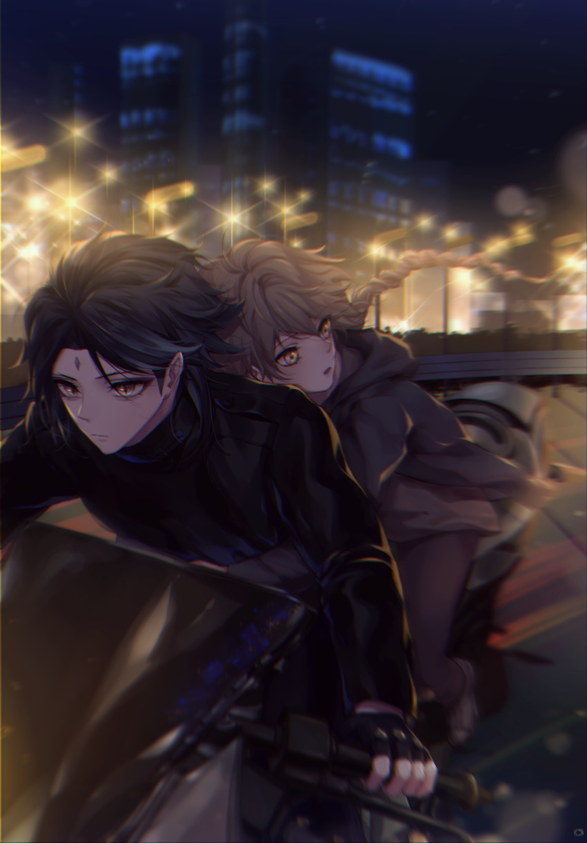 aether_(genshin_impact) ahoge black_hair blonde_hair braid city_lights facial_mark fingerless_gloves forehead_mark genshin_impact gloves green_hair hair_between_eyes highres hug hug_from_behind jewelry kuko_(geeeee_ss) long_hair motor_vehicle motorcycle multicolored_hair multiple_boys outdoors wind xiao_(genshin_impact) yellow_eyes