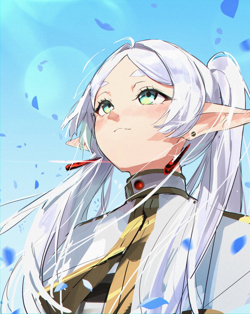 1girl absurdres blue_sky blush capelet commentary earrings elf english_commentary falling_petals floating_hair frieren gold_trim green_eyes grey_hair hair_over_shoulder head_back highres jewelry long_pointy_ears looking_up making-of_available meltyrice outdoors parted_bangs petals pointy_ears shirt sky smile solo sousou_no_frieren striped_clothes striped_shirt teardrop_earrings upper_body upward_angle_frieren_drawing_(meme) white_capelet