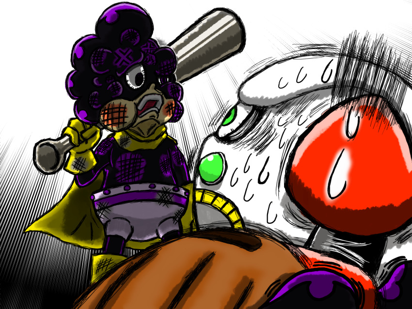 2boys annoyed baseball_bat boku_no_hero_academia cape highres injury joints mineta_minoru multiple_boys nervous robot robot_ears robot_joints mega_man_(series) mega_man_(classic) mega_man_10 strike_man sweat