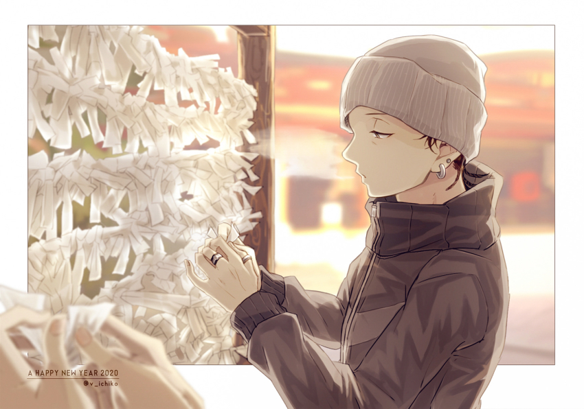 1boy ahiru_no_sora black_jacket dated earrings grey_headwear happy_new_year jacket jewelry male_focus natsume_kenji new_year outdoors profile ring skullcap solo_focus twitter_username upper_body uwoyuz