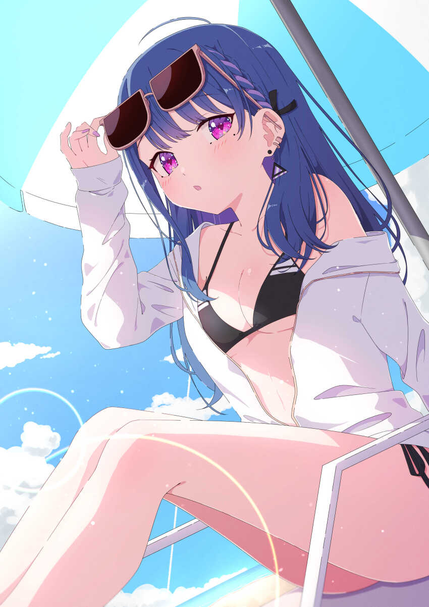 1girl absurdres adjusting_eyewear akashi_(4kc_27) bare_legs bare_shoulders beach_umbrella bikini black_bikini blue_hair blue_sky breasts cleavage cloud collarbone dutch_angle ear_piercing earrings feet_out_of_frame finger_on_eyewear floating_earrings from_side highres horizon jacket jewelry knees_up koshimizu_toru legs_together lens_flare long_sleeves looking_at_viewer medium_breasts mole mole_under_eye nail_polish nijisanji off_shoulder outdoors partially_unzipped piercing pink_eyes pink_nails side-tie_bikini_bottom sky sleeves_past_wrists solo sunglasses swimsuit thighs umbrella virtual_youtuber white_jacket