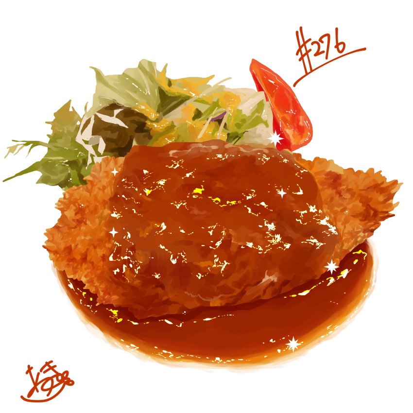 absurdres artist_name fish_(food) food food_focus fried_fish highres meat no_humans original sauce takisou_sou vegetable