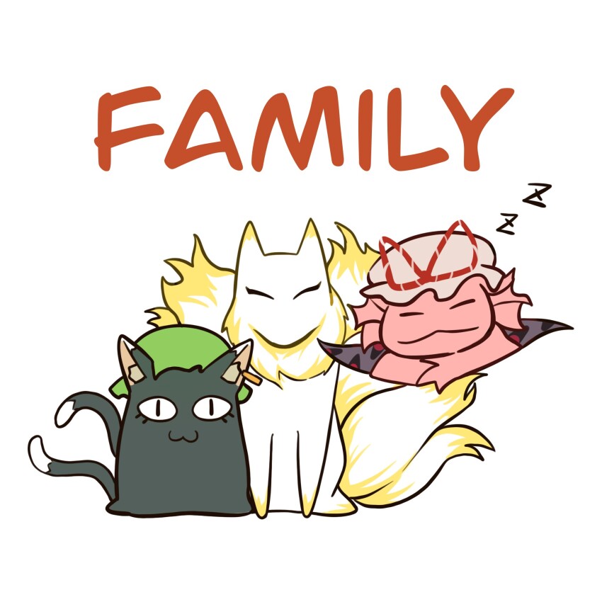&lt;|&gt;_&lt;|&gt; :3 axolotl cat chen chen_(cat) closed_eyes earrings fluffy fox full_body gap_(touhou) grey_headwear hat hat_ribbon highres jewelry kitsune looking_at_viewer mob_cap multiple_tails no_humans onionmay red_ribbon ribbon simple_background single_earring tail touhou two_tails white_background yakumo_ran yakumo_ran_(fox) yakumo_yukari yakumo_yukari_(axolotl) zzz