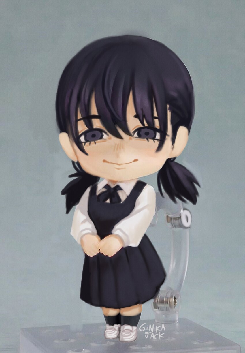 1girl absurdres artist_name black_hair black_socks chainsaw_man chibi collared_shirt dress figure figure_stage figure_stand fourth_east_high_school_uniform ginka_jack highres long_sleeves low_twintails mitaka_asa nendoroid pinafore_dress school_uniform shirt sleeveless sleeveless_dress smile socks solo spanish_commentary twintails white_footwear white_shirt
