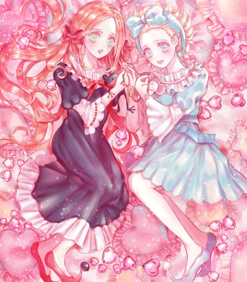 2girls blanca_(sugar_sugar_rune) blonde_hair blue_eyes blue_headband blue_pajamas bow chocolat_meilleure commentary_request doll dress duke_(sugar_sugar_rune) full_body hair_bow headband heart highres korean_commentary long_hair looking_at_viewer multiple_girls orange_hair pajamas pillow pom_pom_(clothes) red_bow short_hair smile sugar_sugar_rune taekee3 vanilla_mieux