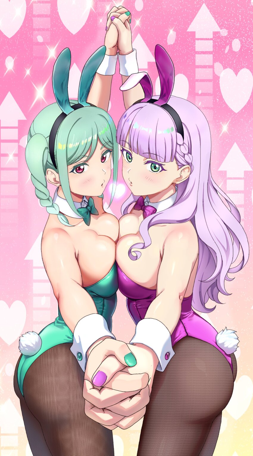 2girls absurdres aiai_(okiraku_rough_nisshi) animal_ears arrow_(symbol) black_pantyhose blowing_kiss blunt_bangs bow bowtie braid breast_press breasts detached_collar gradient_background green_bow green_bowtie green_eyes green_hair green_nails heart highres holding_hands leotard long_hair love_live! love_live!_superstar!! medium_breasts multiple_girls nail_polish onitsuka_tomari pantyhose playboy_bunny purple_bow purple_bowtie purple_hair purple_nails rabbit_ears rabbit_tail red_eyes tail twin_braids wavy_hair wien_margarete wrist_cuffs