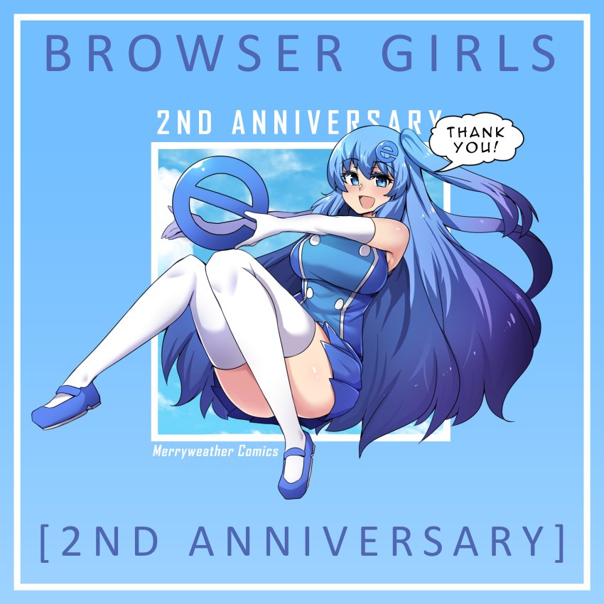 1girl :d absurdres anniversary bare_shoulders blue_background blue_dress blue_eyes blue_hair blue_shoes blue_theme blush breasts commentary dress elbow_gloves english_commentary english_text floating floating_hair full_body gloves hair_ornament hairclip highres hinghoi holding internet_explorer internet_explorer_(merryweather) internet_explorer_(webcomic) large_breasts logo long_hair looking_at_viewer mary_janes merryweather open_mouth personification pleated_skirt product_girl shoes side_ponytail simple_background skirt smile solo speech_bubble thank_you thighhighs white_gloves white_thighhighs