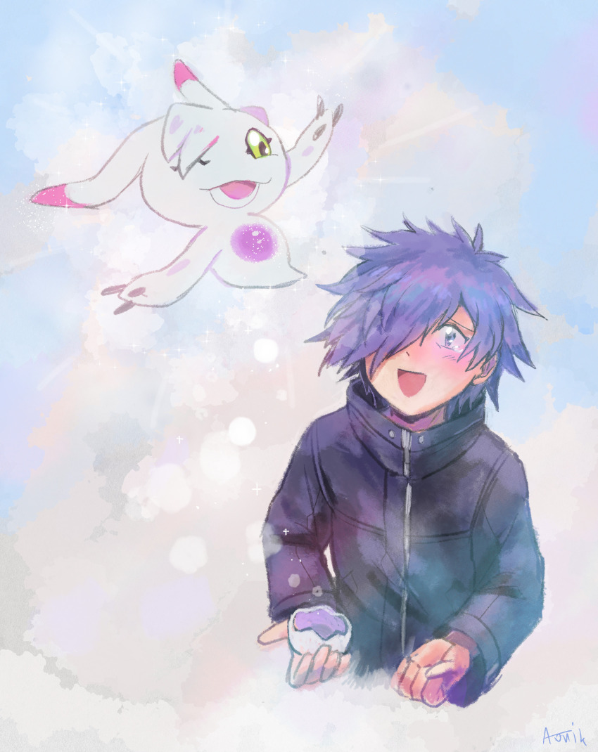 blush crying digimon digimon_adventure_02:_the_beginning digitama egg green_eyes highres looking_at_another one_eye_closed owada_rui smile ukkomon wink