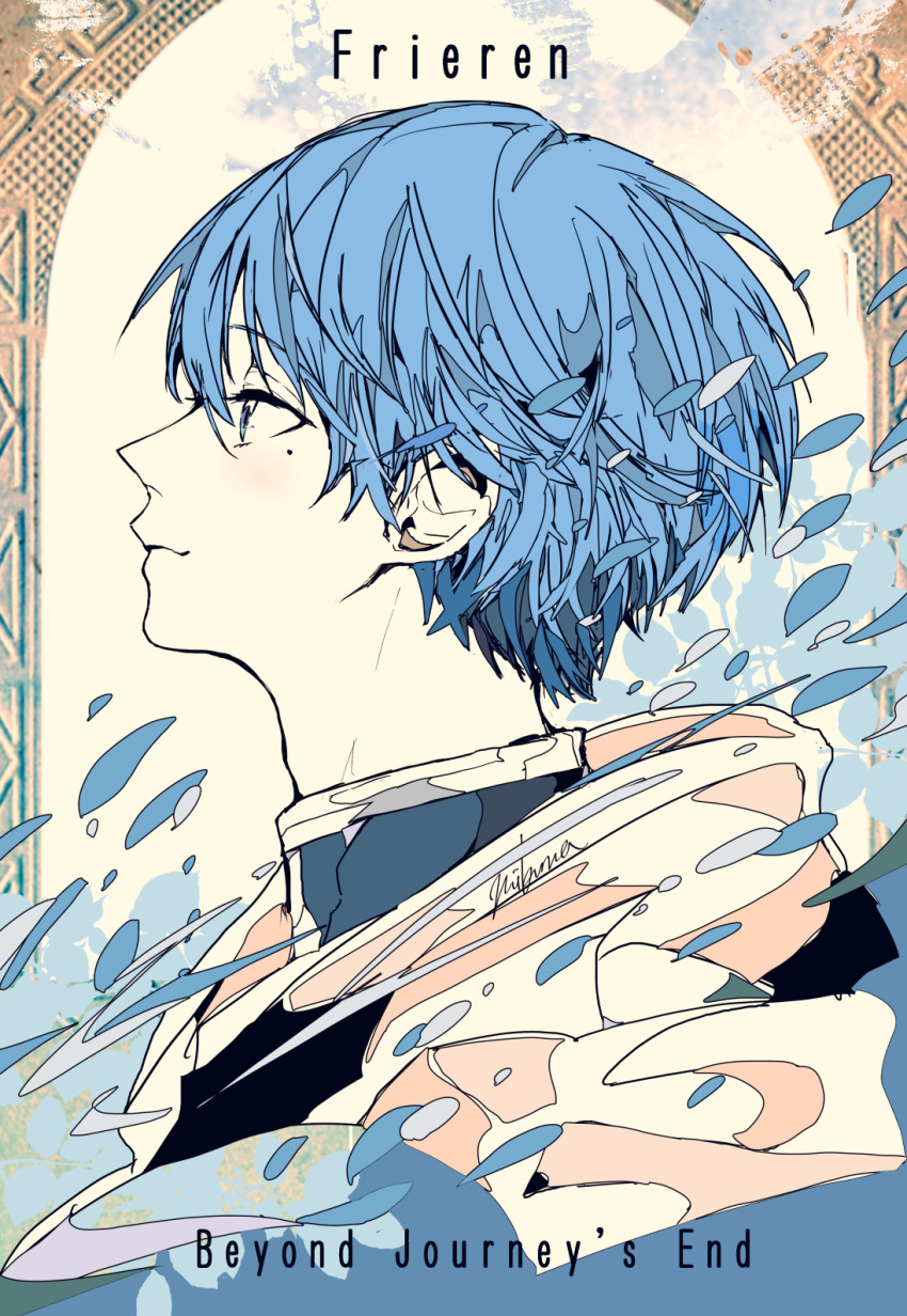 1boy 3kuma artist_name blue_eyes blue_hair blue_shirt border cloak closed_mouth commentary_request copyright_name english_text from_side highres himmel_(sousou_no_frieren) male_focus mole mole_under_eye ornate_border profile shirt short_hair signature solo sousou_no_frieren white_cloak