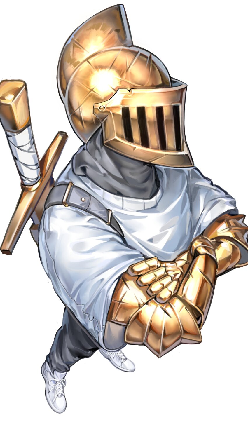 1other absurdres anachronism armor black_pants commentary crossed_arms english_commentary full_body gauntlets gold_armor golden_sword helm helmet highres knight nameno92372763 original pants shirt shoes short_sleeves simple_background sneakers solo standing sword sword_on_back weapon weapon_on_back white_background white_shirt white_shoes