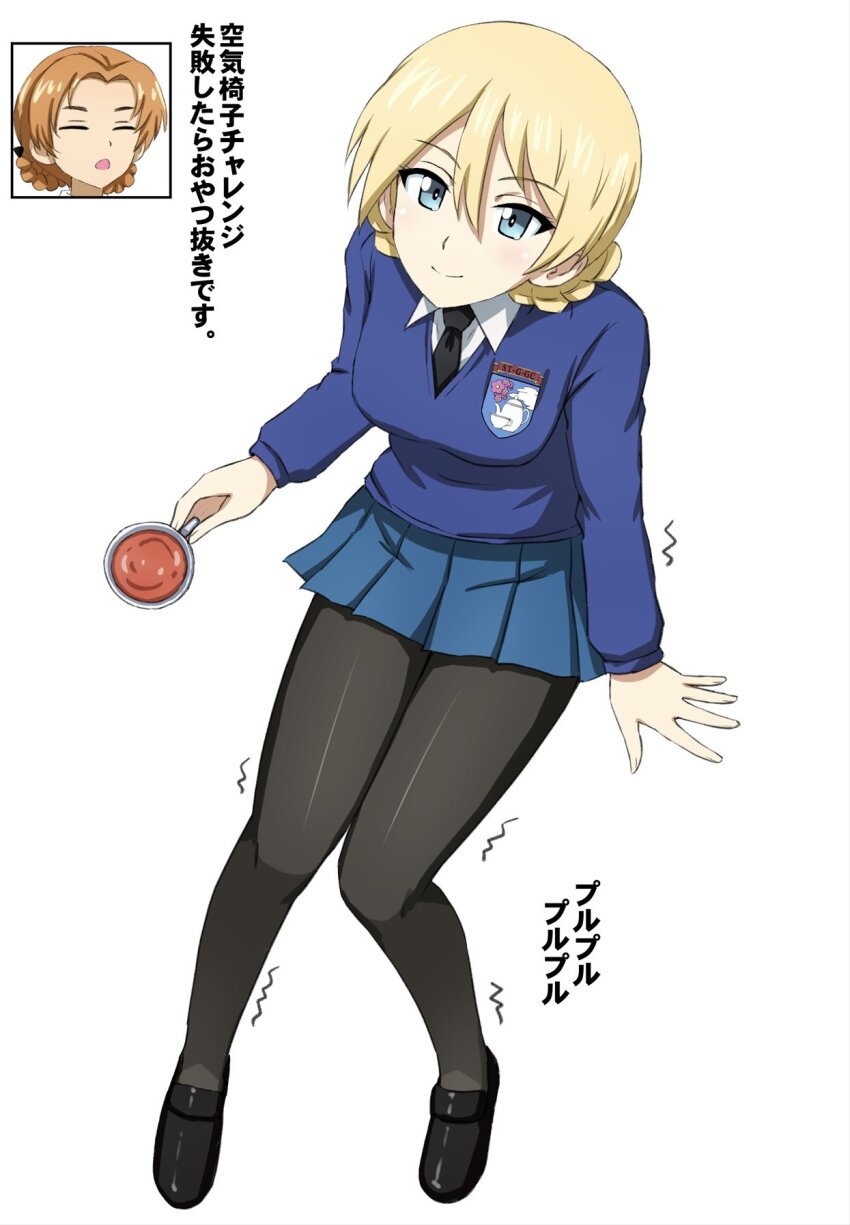 2girls black_pantyhose black_ribbon black_shoes black_tea blonde_hair blue_skirt blue_sweater braid closed_eyes cup darjeeling_(girls_und_panzer) girls_und_panzer hair_ribbon highres holding holding_cup miniskirt multiple_girls omachi_(slabco) orange_hair orange_pekoe_(girls_und_panzer) pantyhose pleated_skirt ribbon school_uniform shoes sitting skirt smile st._gloriana&#039;s_school_uniform sweater tea teacup trembling trembling_legs