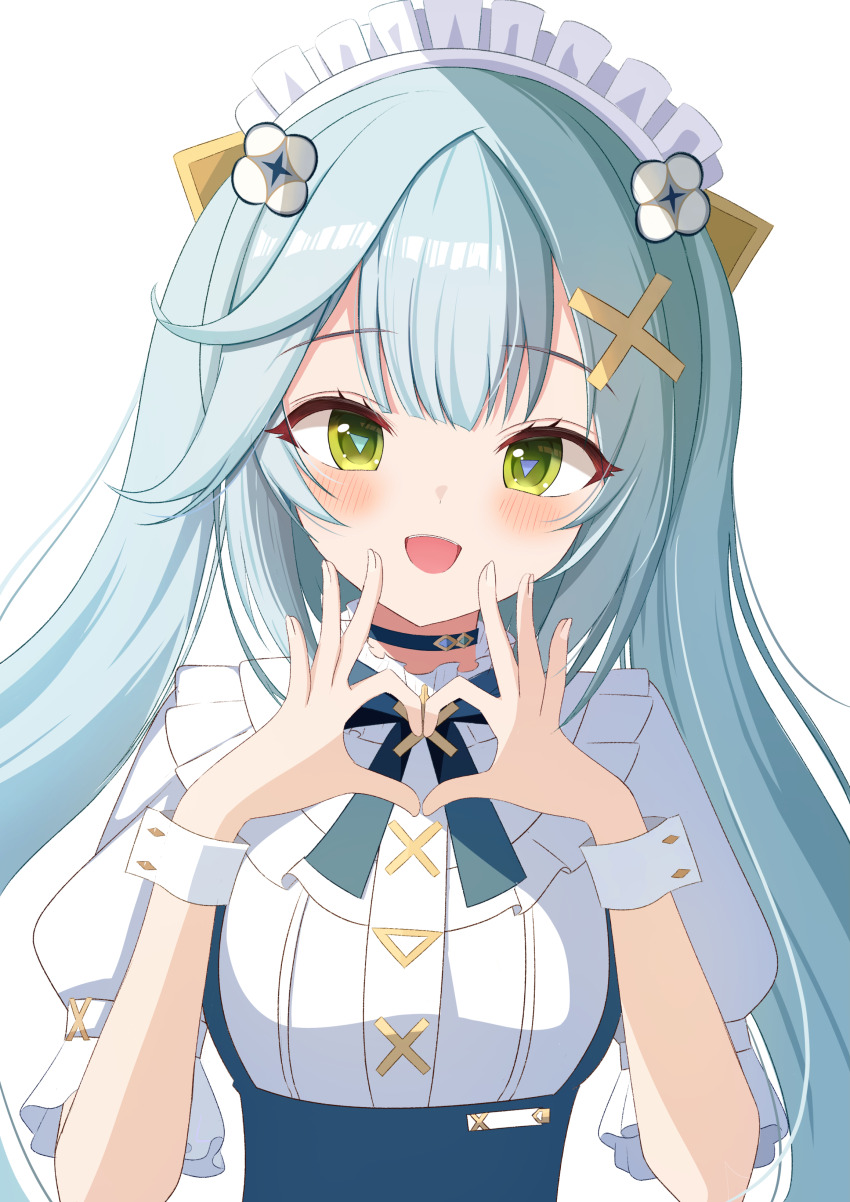 1girl four-finger_heart_hands absurdres aqua_hair blush commentary_request faruzan_(genshin_cafe_in_seoul)_(genshin_impact) faruzan_(genshin_impact) fingernails genshin_impact green_eyes hair_ornament heart heart_hands highres lilack_gg long_hair looking_at_viewer maid_headdress official_alternate_costume open_mouth solo symbol-shaped_pupils triangle-shaped_pupils twintails upper_body very_long_hair white_background white_wrist_cuffs wrist_cuffs x_hair_ornament